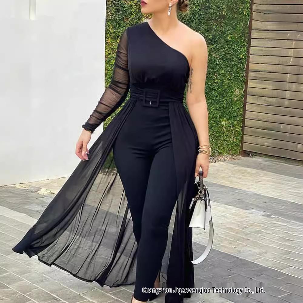 New Plus Size Black One-Shoulder Bodycon Jumpsuit for Women - European & American Style