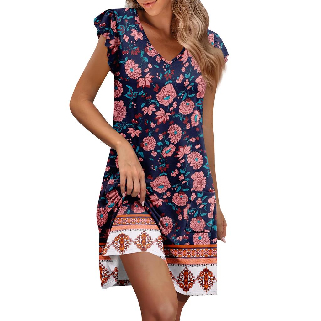 Womens Summer Dress Ruffle Sleeve V Neck Short Dresses Fashion Casual Flowy A Line Swing Sundress With Pocket