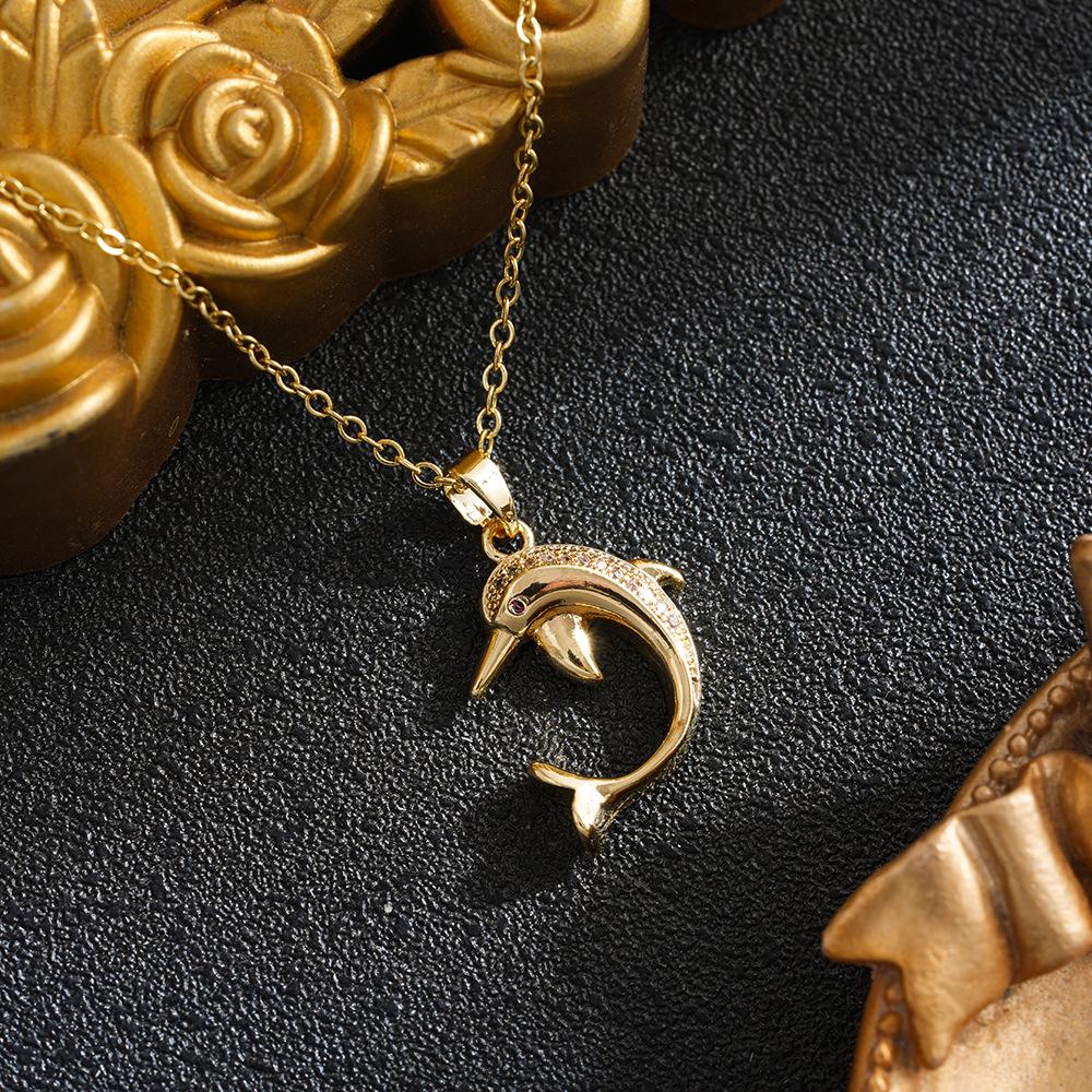 Trendy Titanium Steel Dolphin Necklace with Zircon Inlay