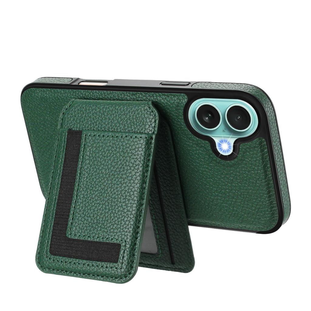 Applicable to iPhone16 mobile phone case, Samsung S25 lychee pattern wireless charging magnetic card bag bracket multi-function anti-drop