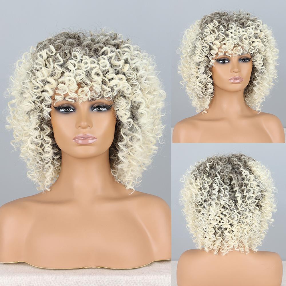 

Мисс парик, вьющийся парик афро блондинки с челкой, парики до плеч, парики афро Kinkys, синтетический вьющийся полный парик для чернокожих женщин 30cm