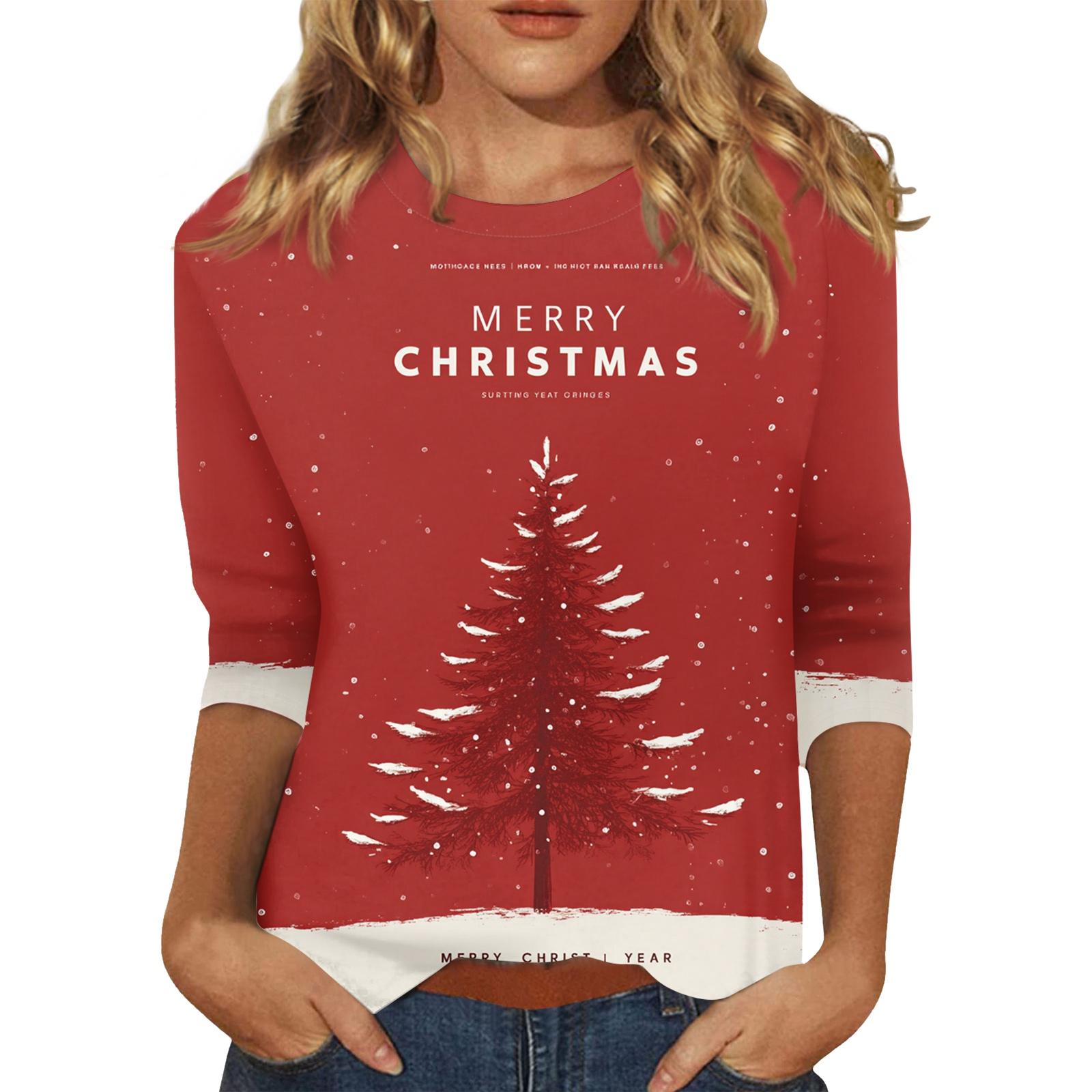 

Женский топ с круглым вырезом и рукавом 3/4 с рождественским принтом L винный