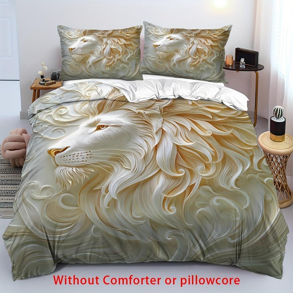 2/3Pcs Lion Duvet Cover Set, 1 Duvet Cover + 1/2 Pillowcase, Without Core Elegant White 3D Relief Lion Pattern Luxury Decorative