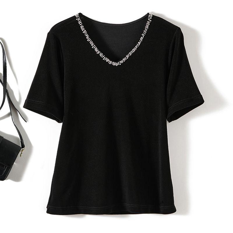 Stretch Cotton Yarn Makes You Look Top Slim! Lean Women Beads V-neck Short sleeve Pullover T-shirt Quality Summer Welfare