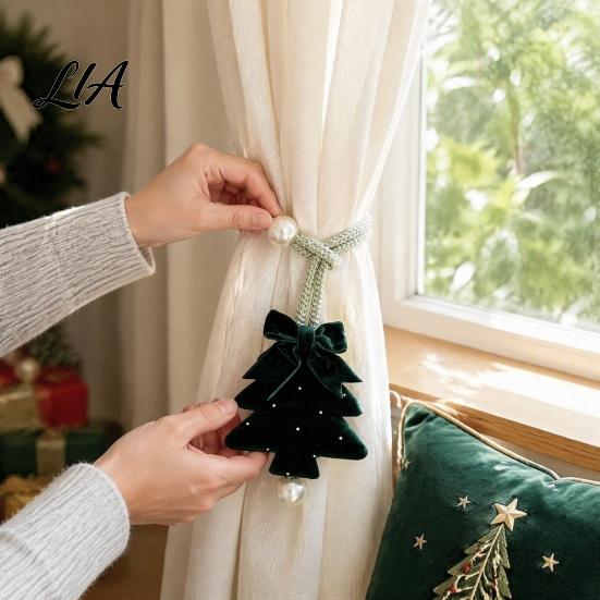 Reusable Christmas Decorations Tree Curtain Tieback, Green Velvet Holder with Bow And Festive Door Handle Pendants Faux Pearl, Decorative Drape