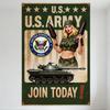 Vintage U.S. Army Recruitment Metal Tin Sign - Blonde Woman Soldier Holding Mortars, Tank Design, 'JOIN TODAY!' for Man Cave, Ba