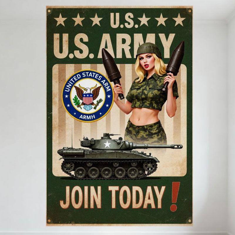 

Vintage U.S. Army Recruitment Metal Tin Sign - Blonde Woman Soldier Holding Mortars, Tank Design, JOIN TODAY! for Man Cave, Ba 20x30cm（7.8x11.8inch）
