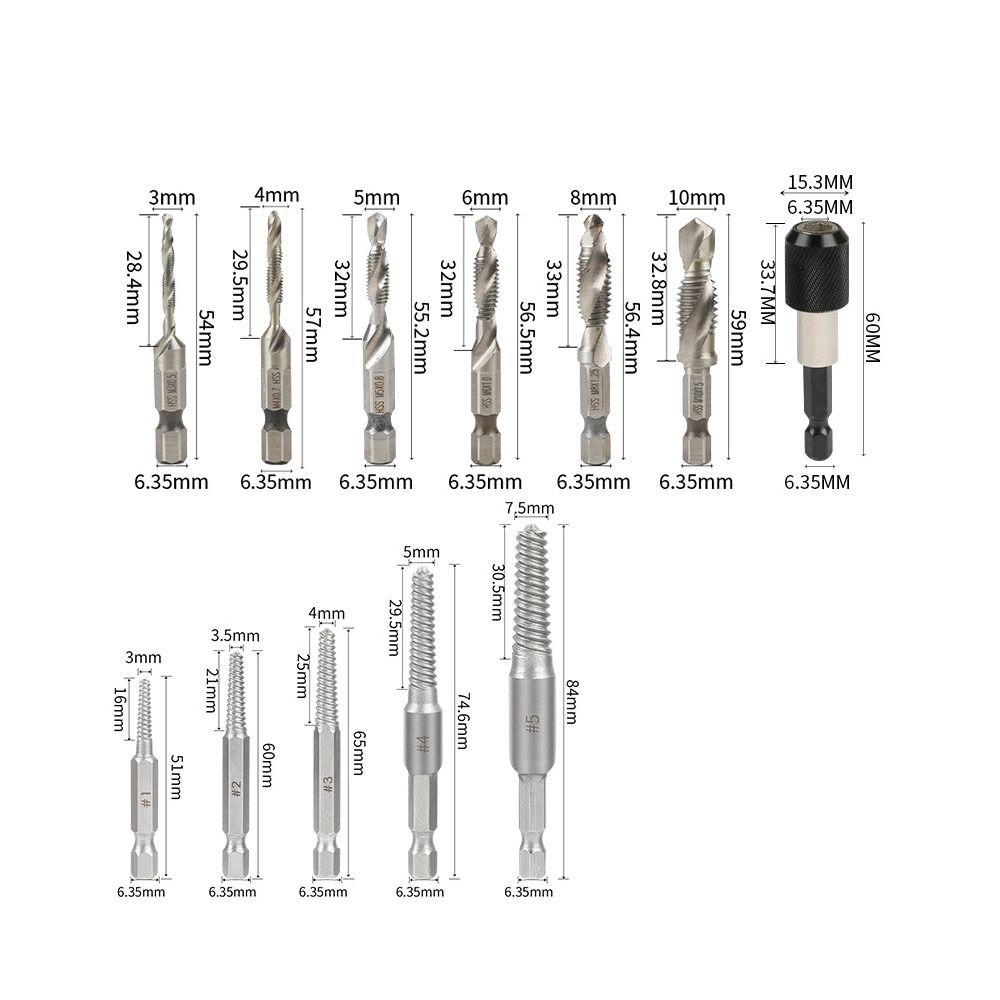 12Pcs/Set Hexagonal Shank Taps Drill Bit Set with Storage Box Anti-slip HSS Screw Tap Drill Bit Tap Extractor