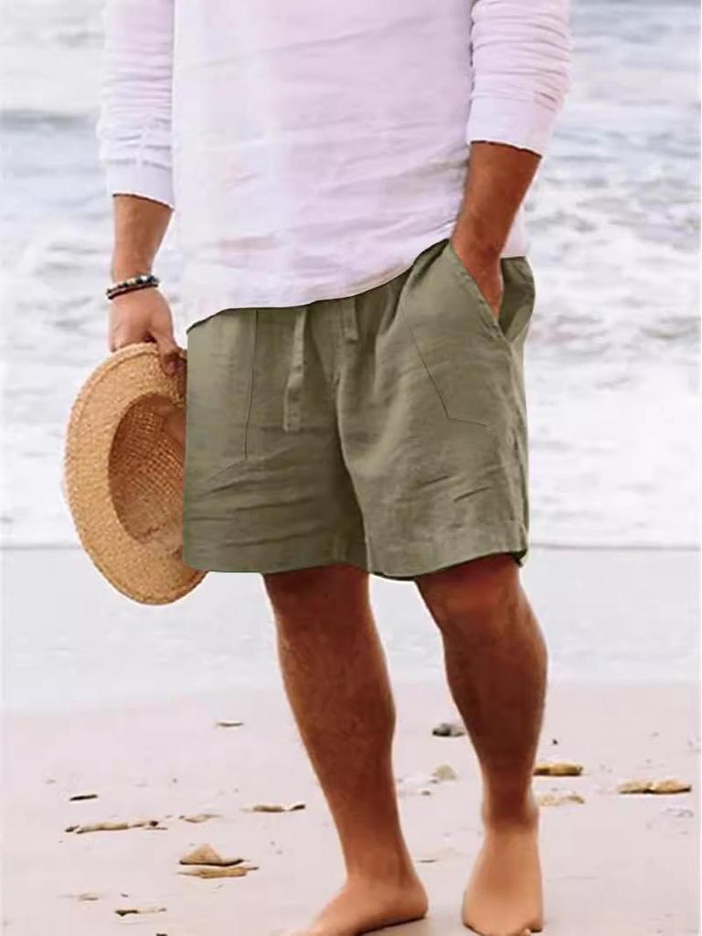 Men's Cotton Linen Summer Shorts - Drawstring Waist, Straight Leg, Breathable, Comfortable for Daily Wear or Beach Use