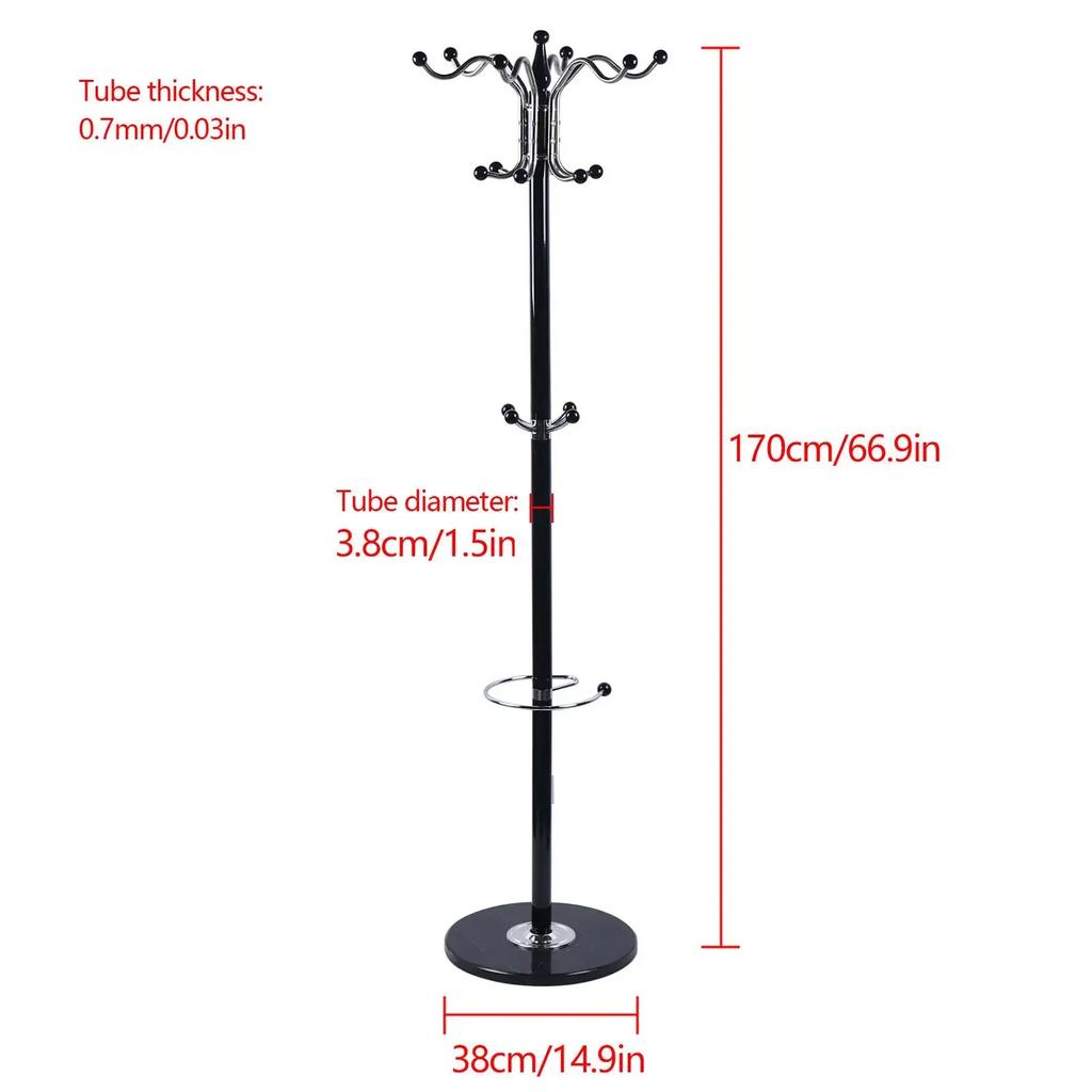 67-Inch Modern Coat Rack with Marble Base and 16 Ball-Tipped Hooks, Free-Standing Garment Stand for Jackets Hats Bags