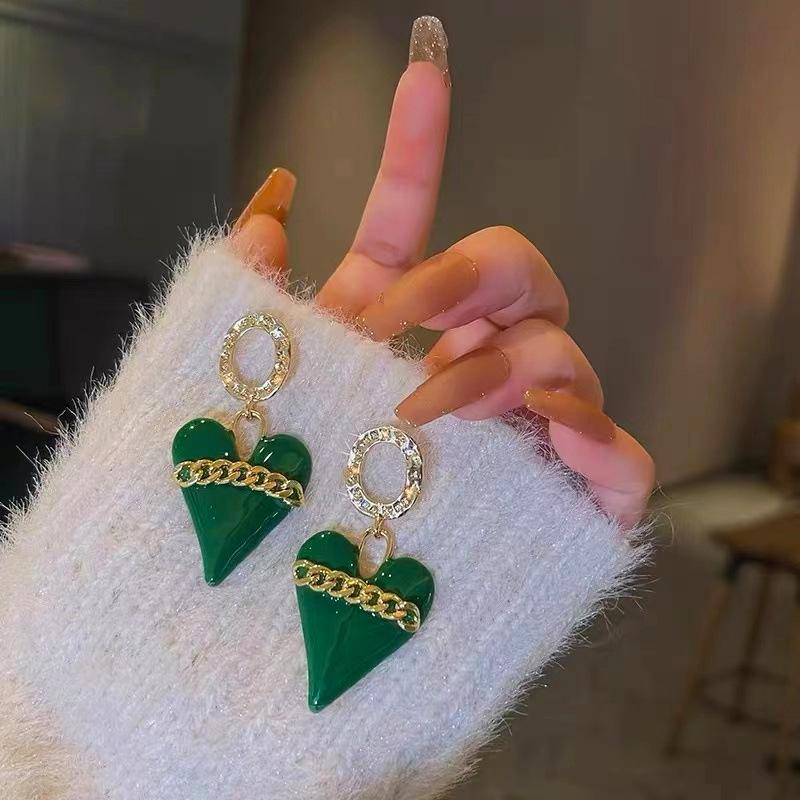 S925 Chinese Style Green Heart Chain Earrings, Super Fairy Cute, Versatile Girlish Studs
