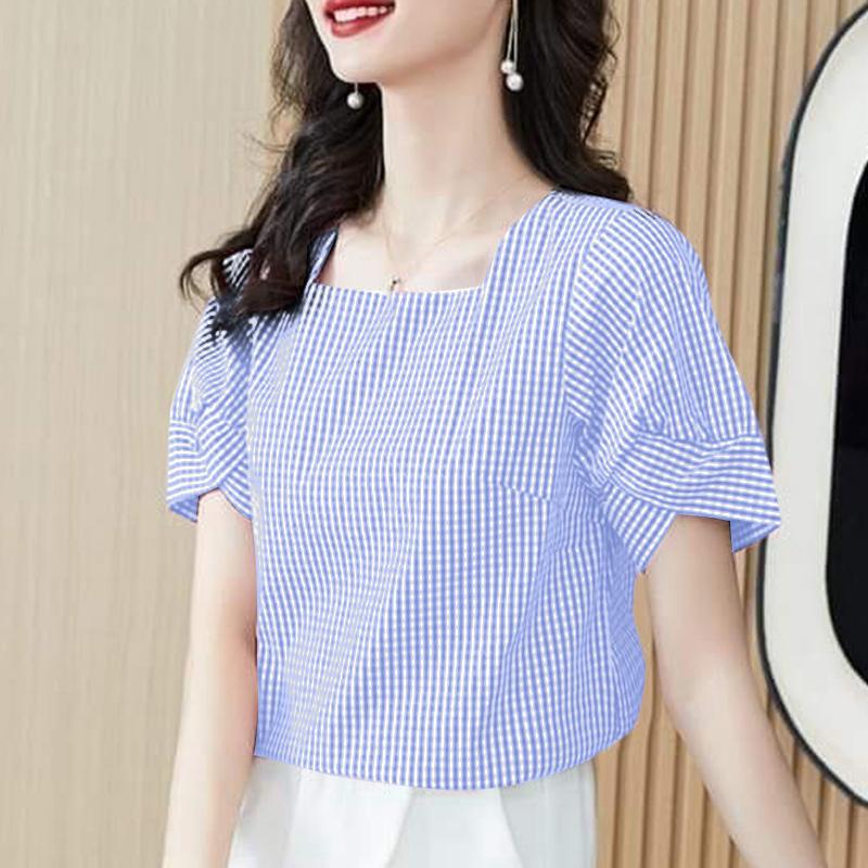 

ZANZEA Women Square Collar Short Sleeve Casual Grid Print Blouse 5XL синий
