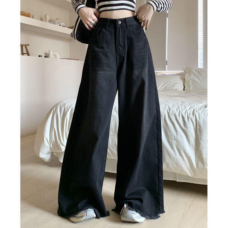 Autumn Women's Raw Hem High Waist Wide Leg Jeans - Slimming Loose Fit, Floor-Length Trendy Style.