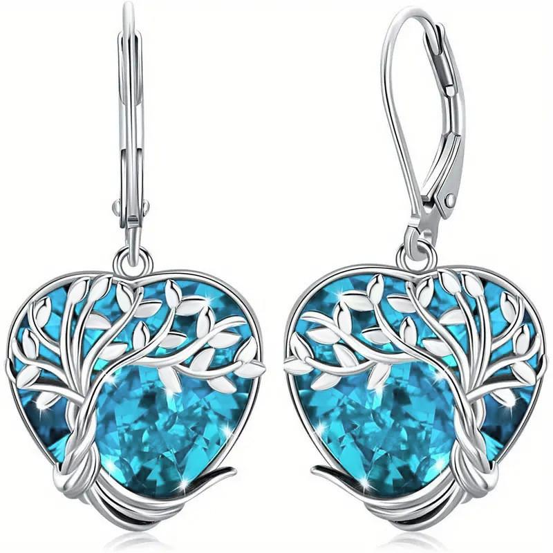 

925 Sterling Silver Blue Crystal Heart Zircon Earrings For Woman Vintage Tree Shaped Engagement Charm Jewelry Gift
