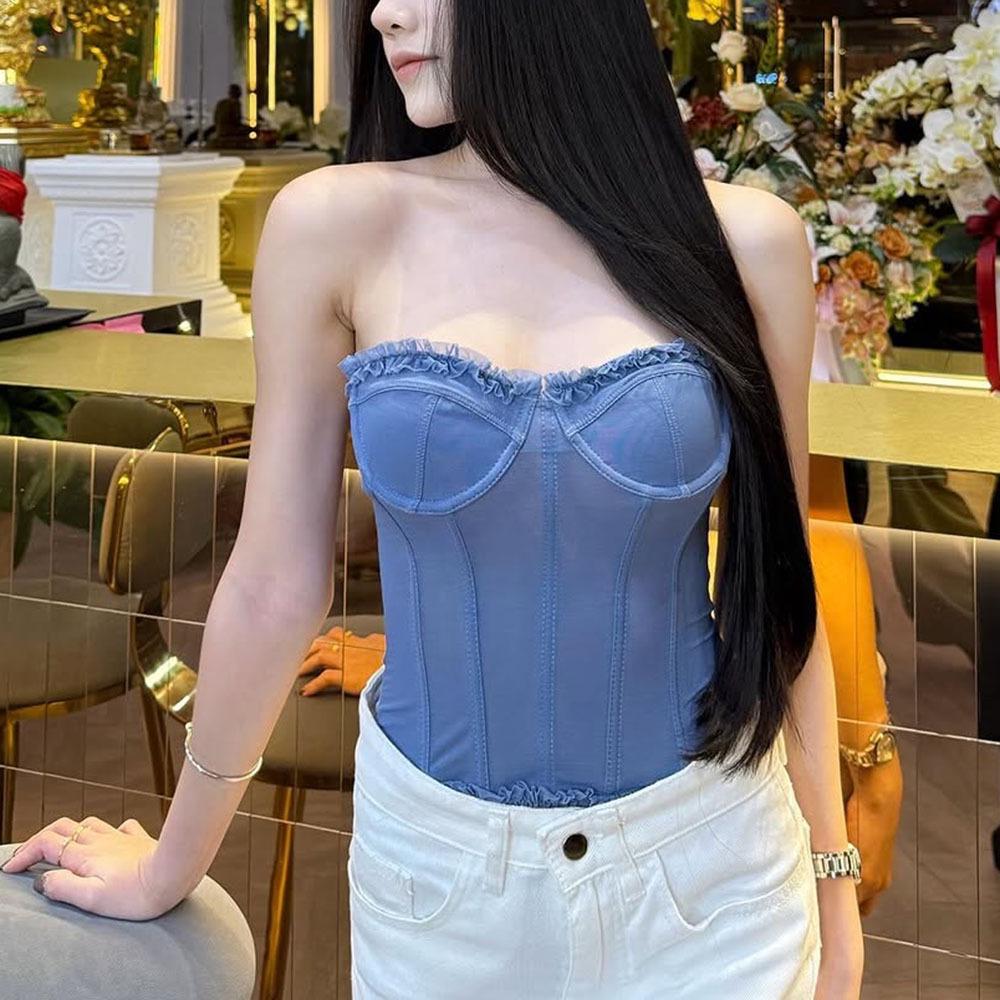 Cross-border French Lace Sweetheart Bandeau: Backless, See-through, Body Shaping Lace-up Top