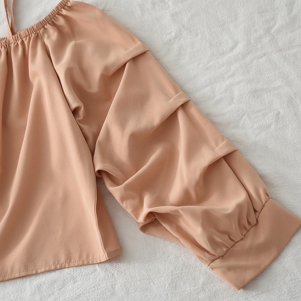 Herbstliches schulterfreies zweiteiliges Set mit Blätterdruck für Mädchen: Langärmiges Camisole & Hose