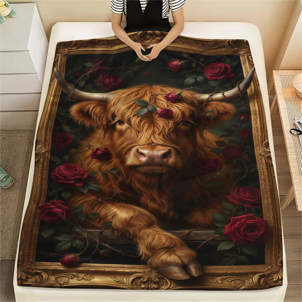 1PC High Mountain Cattle Print FlAannel Blanket, High quality Comfortable for All Seasons, Home Decor, Warmth and Comfort