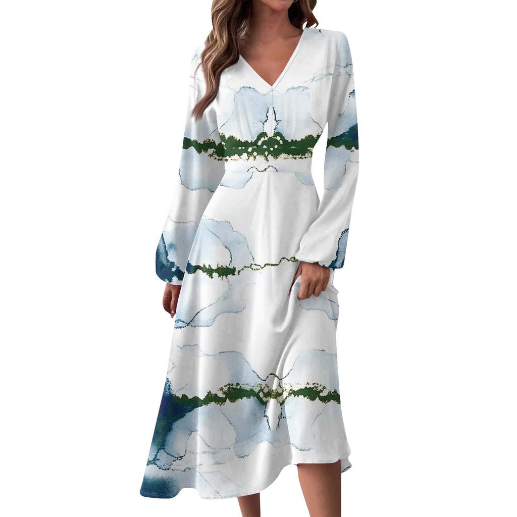 Women's Autumn- And Winter Casual Fashion V-neck Long Sleeve Stripe Print Long Dress Suitable For Daily Life And Party Wear