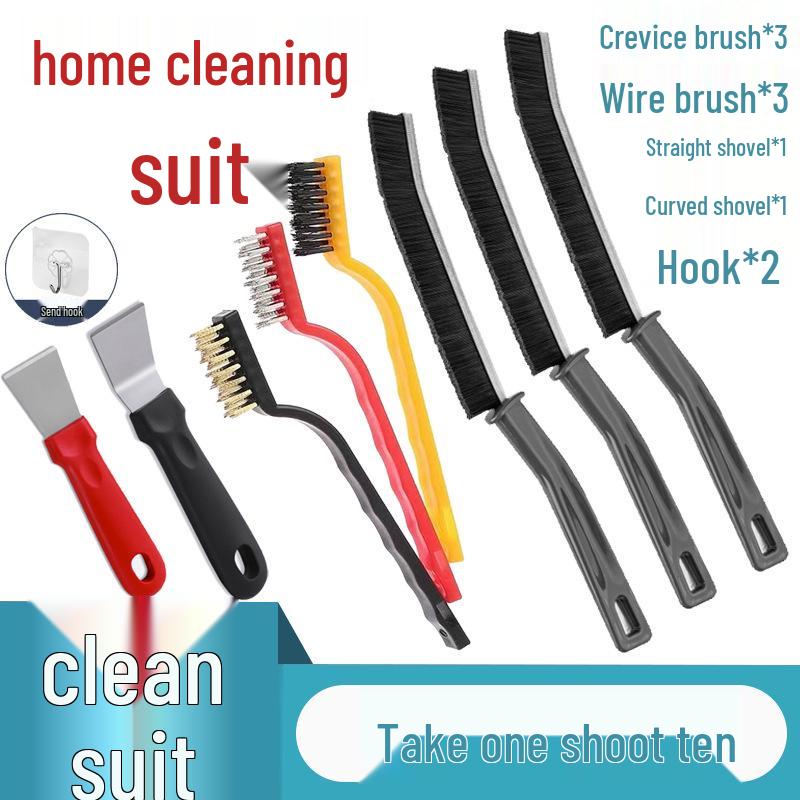 

Набор для уборки кухни из 10 предметов: Лопатка, Щетка из стальной проволоки, Щетка для щелей, Многофункциональный инструмент, Щетка для генеральной уборки, и Щетка для кастрюль.