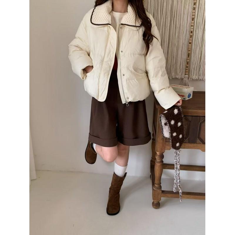 Womens Short Puffer Jacket With Knit Collar White Duck Down Winter Coat Petite Women