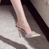 2025 New Pointed Champagne High Heels Thin Heel Bag Head Sexy Light Mouth Rhinestone Silk