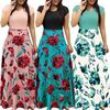 Women O Neck Long Short Sleeve Floral Print Large Hem Waist Tight Maxi Dress