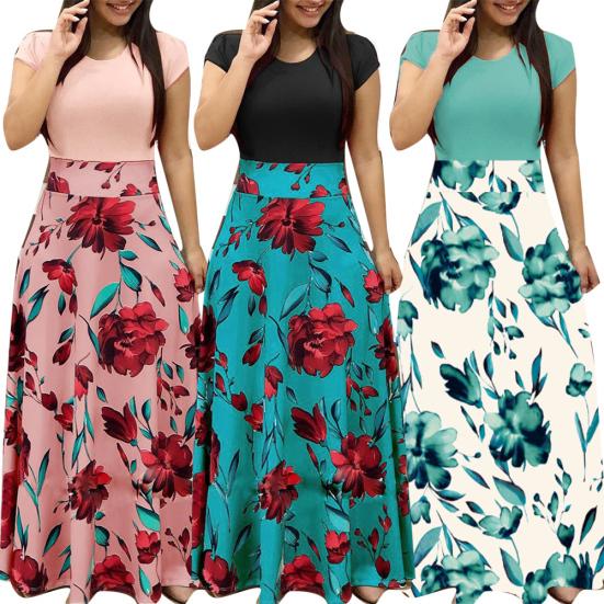 Damen O-Ausschnitt Lang Kurzarm Blumenmuster Großer Saum Tailleneng Maxi-Kleid