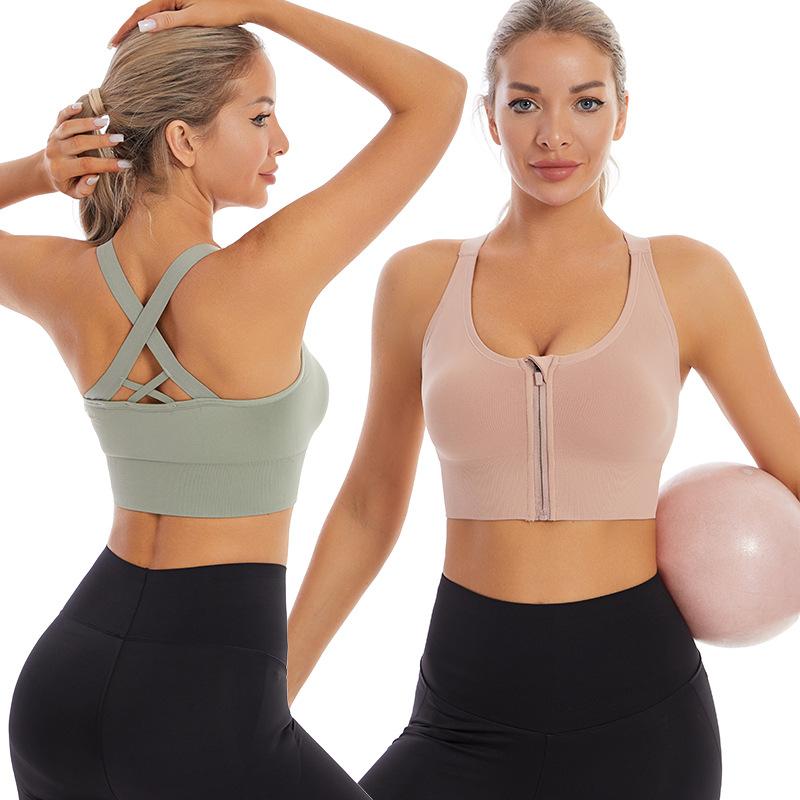Shockproof Front Zipper Sports Bra for Women Gathered Anti-Sagging Fitness Plus Size Bra for Seamless Back