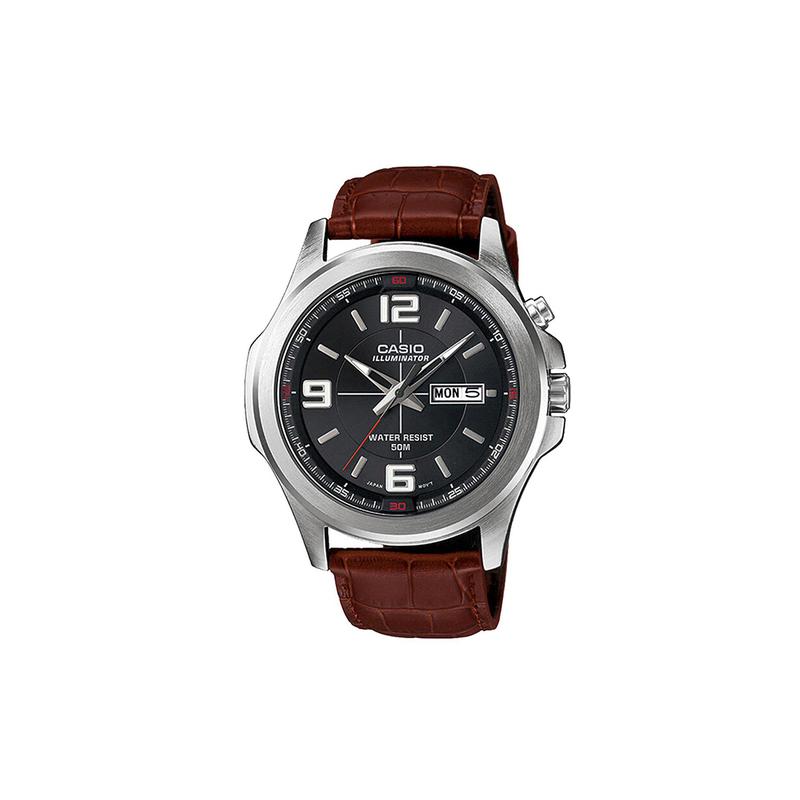 

Casio pointer series date display quartz movement leather strap Japanese and Korean watch men s watch black dial MTP-E202L-1A чорний