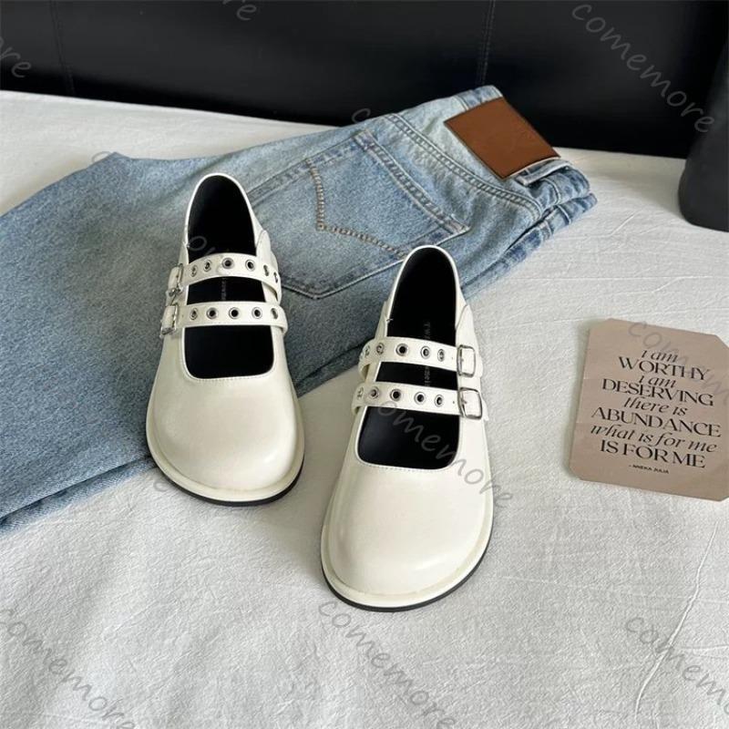 Fashion Comemore 2025 New Retro Mary Jane Flat Shoes for Women Round Toe Double Buckle Strap Flats Casual Solild Soft Leather Loafers