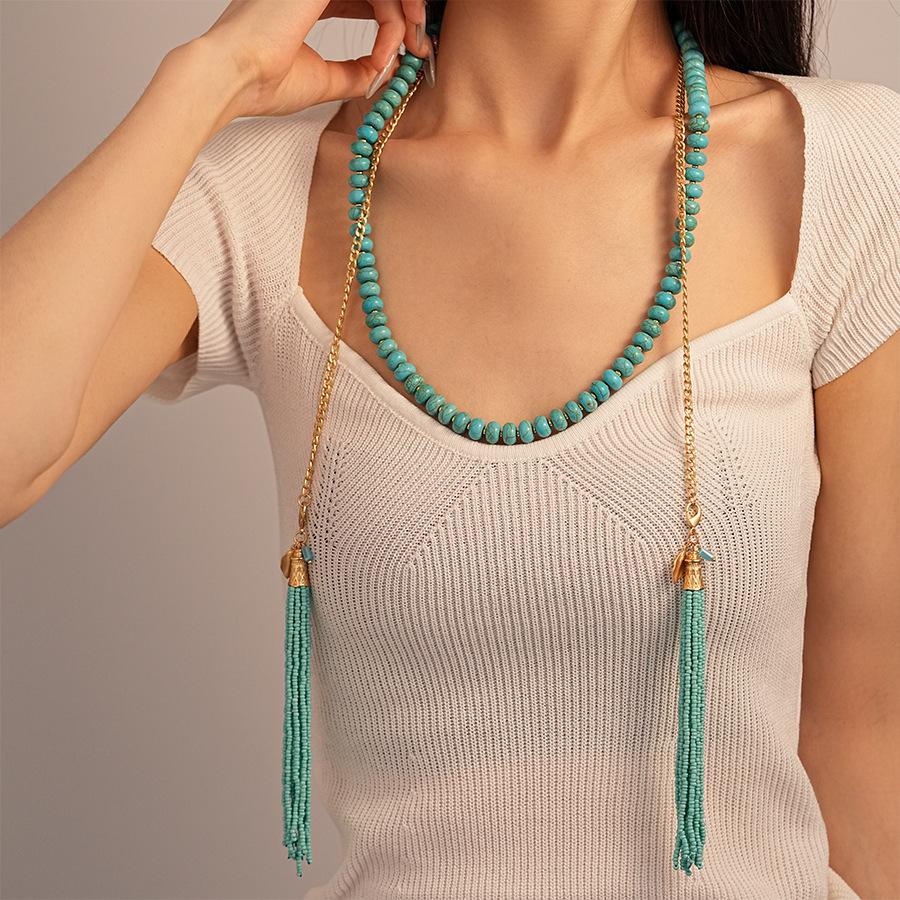 Ethnic Style Artificial Turquoise Beaded Rice Beads Fringed Necklace Temperament Two Wearing Waist Chain Sweater Chain