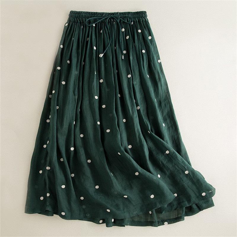 2025 Spring/Summer Women's Cotton Linen Polka Dot Pleated Midi Skirt with Elastic Waist