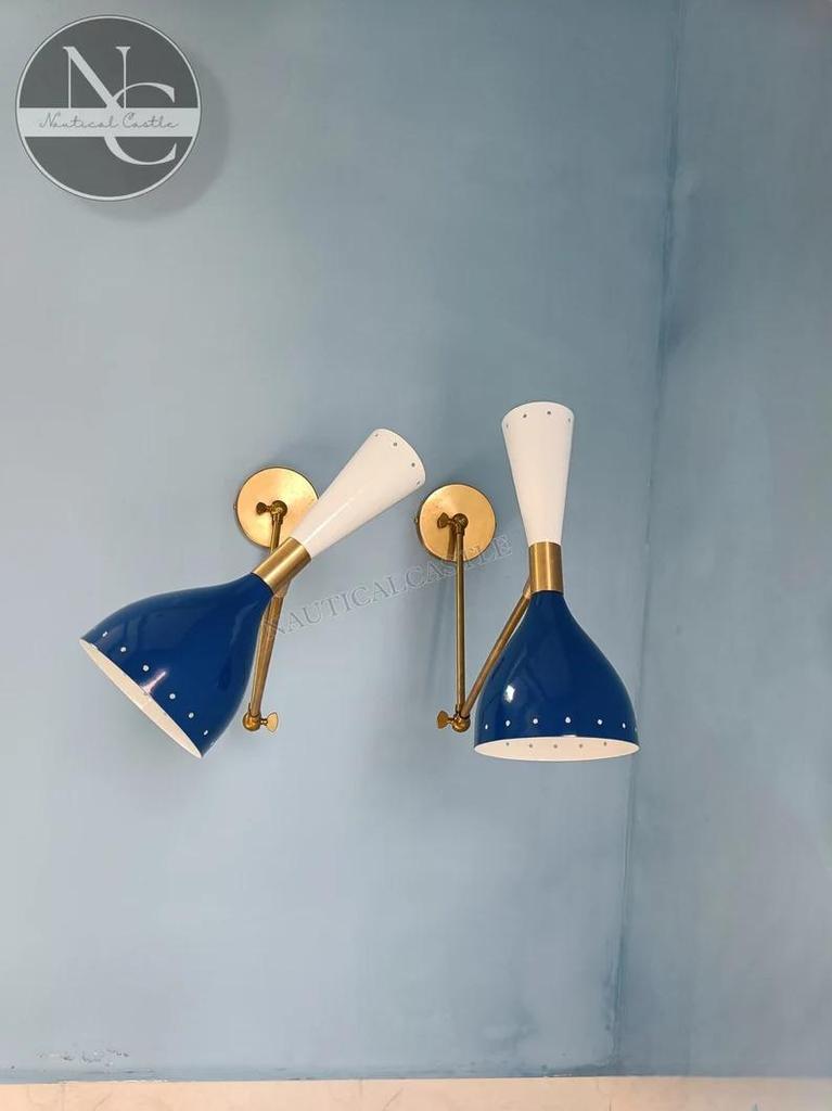 Mid Century Italian Brass Wall Sconce Pair: Blue & White Diablo Light