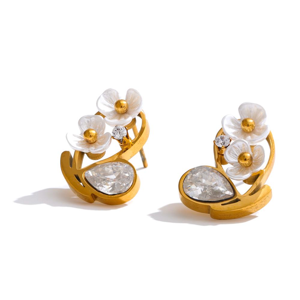 Yhpup Exquisite Stainless Steel Flower Cubic Zirconia Stud Earrings Anti Allergic Chic Daily Jewelry
