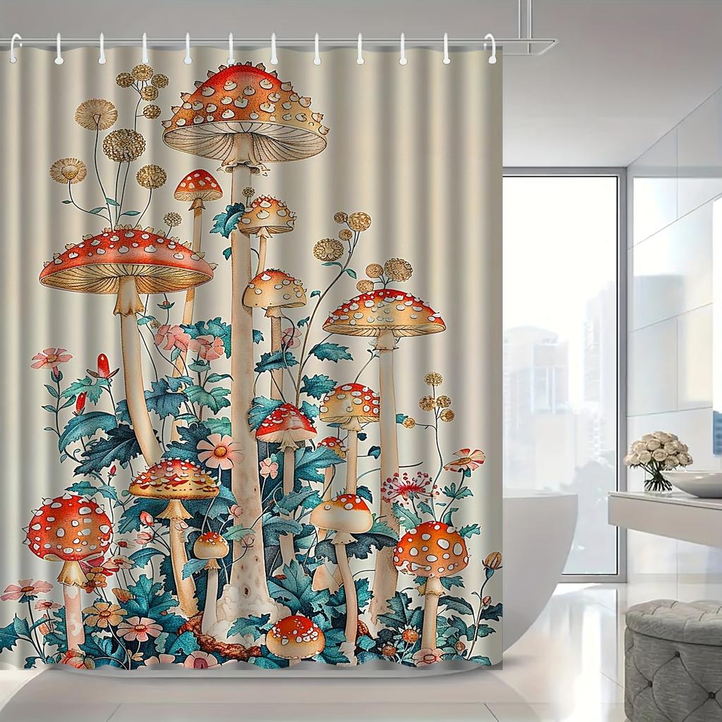 Mushroom Fairy Tale Shower Curtain, Vibrant Forest Design, Red Mushrooms & Green Foliage, Machine Washable Polyester
