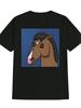 Casual Graphic T-shirt with Playful Horse Print - Black Round Neck Summer Tee