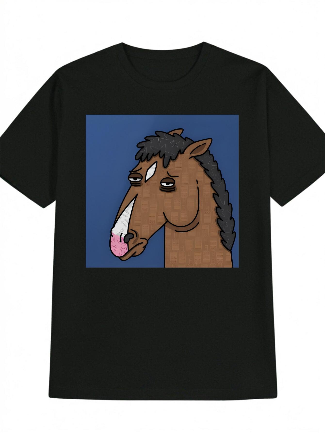 Casual Graphic T-shirt with Playful Horse Print - Black Round Neck Summer Tee L