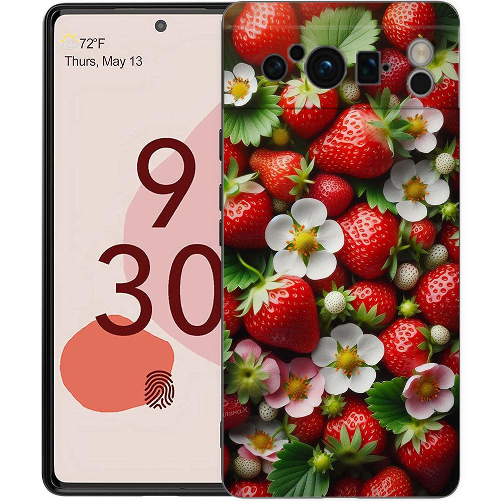 Luxury Phone Case For Google Pixel 10 9 8 9A 8A 7 7A 6 Pro XL 6A 5G Black Soft Back TPU Cover Summer Strawberry Flowers Print