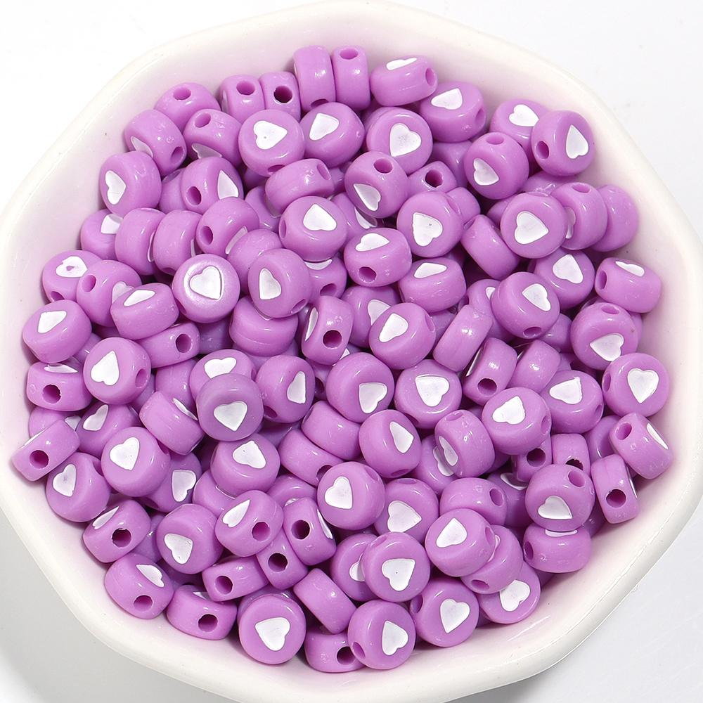 100Pcs/Lot Flat Round Acrylic Beads Colorful Heart Loose Spacer Bead for Jewelry Making Handmade DIY Bracelet Necklace Accessory