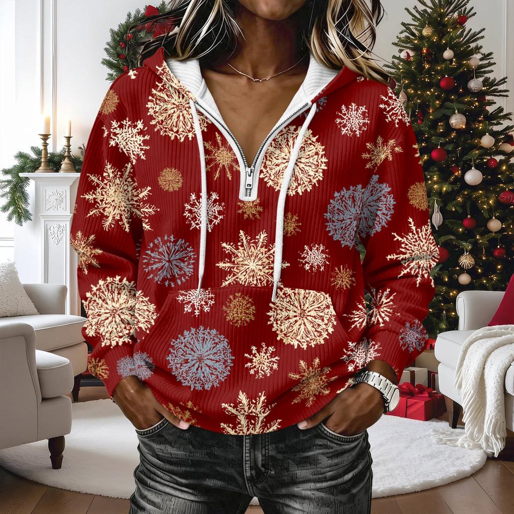 Women's Christmas Print Long Sleeve Hooded Pullover Sweatshirt