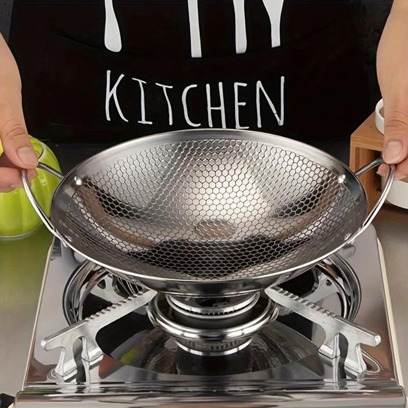 1pc 29cm/11inch Stainless Steel Honeycomb Skillet Non-stick with Handle Scratch-resistant Cooking Pasta Steak Porridge Ramen