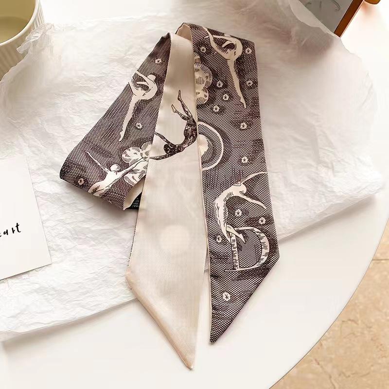 Small White And Tender Green Silk Scarf For Women, Thin Streamer, Headband, Hair Tie, Bag Decoration Long