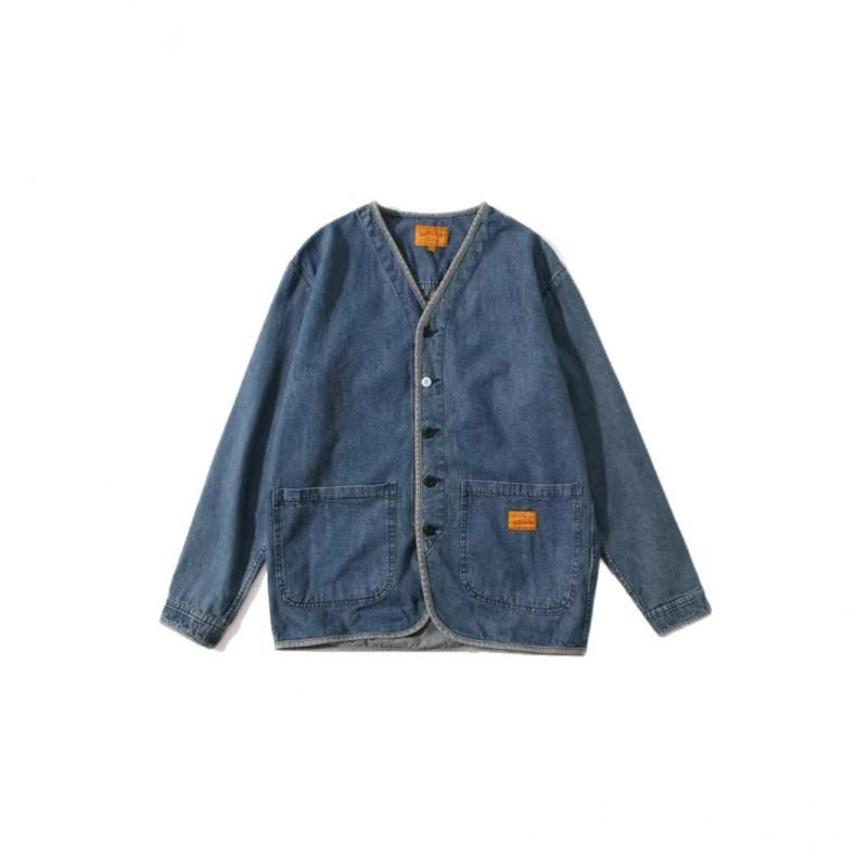 Mens Vintage Washed Denim Jacket Casual Loose Fit Long Sleeve No Collar Blue Streetwear Young Adults