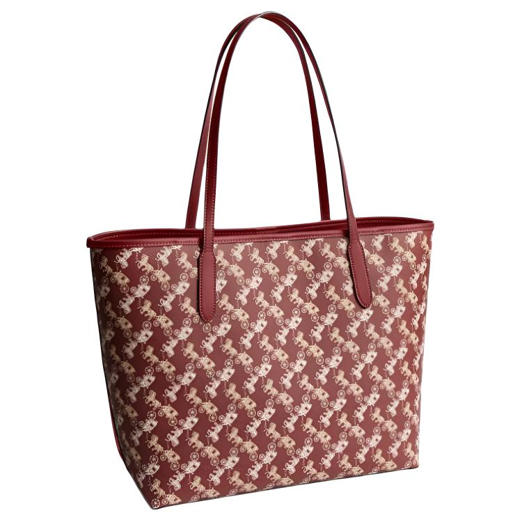 Coach City33 Tote Bag Horse And Carriage Print Wine Red Gold Daily Commute CDB57-IMWGD