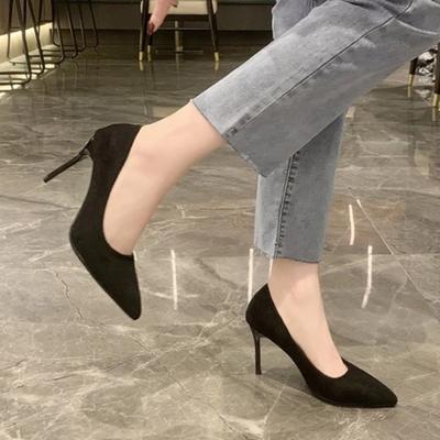 Sapatos Femininos 2024 Alta Qualidade Slip on Scarpins Femininos Outono Bico Fino Sólido Camurça Boca Rasa Moda Vestido Scarpins Mulheres