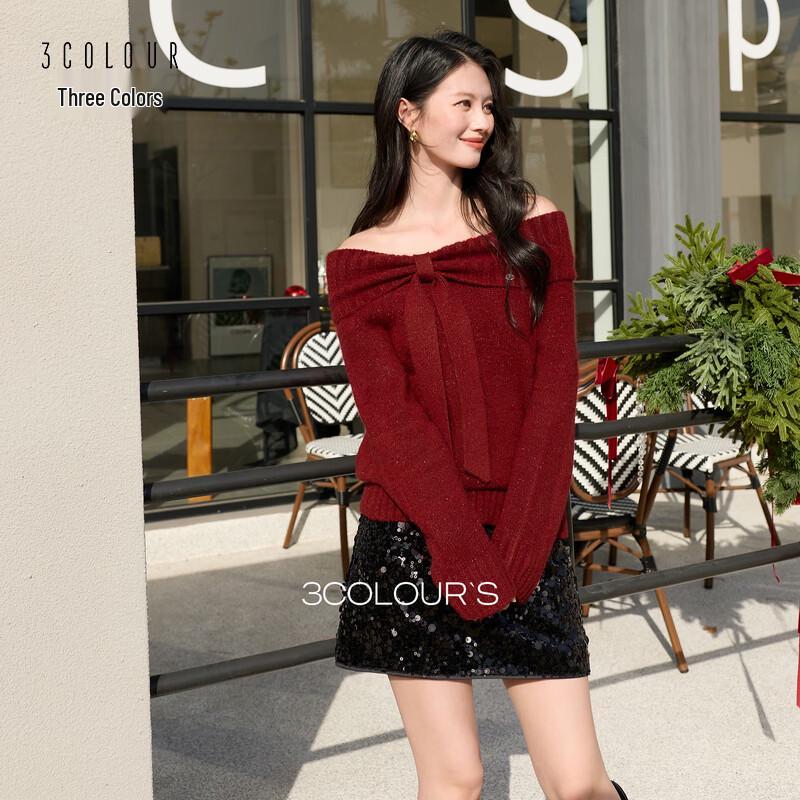 

Sancai 2026 Spring Red Two-Way Off-Shoulder Pullover Sweater M