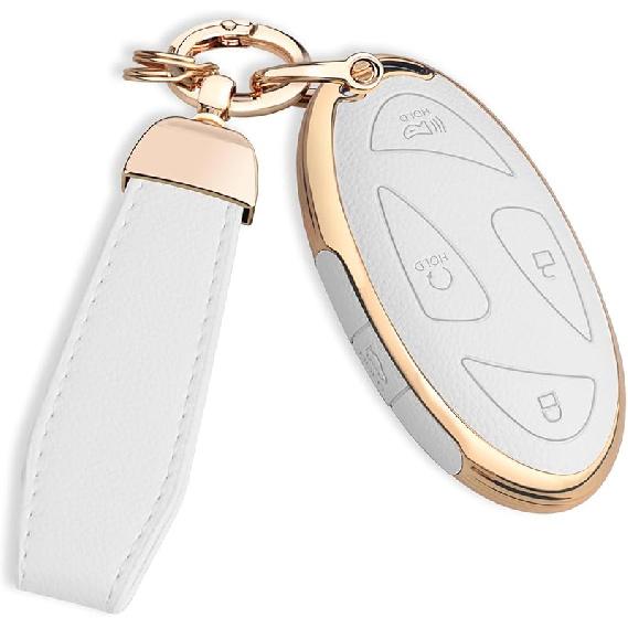 QBUC for Hyundai Key Fob Cover with Key Chain, Upper Leather + Soft TPU Car Key Case for Hyundai Ioniq 6 Grandeur GN7 KONA Elanrtra Santa Fe Tucson