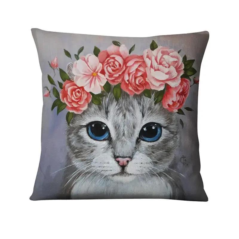Cute Flower Cat Print Pattern Cushion Cover for Home Living Room Sofa Bedroom Decoration Throw Pillow