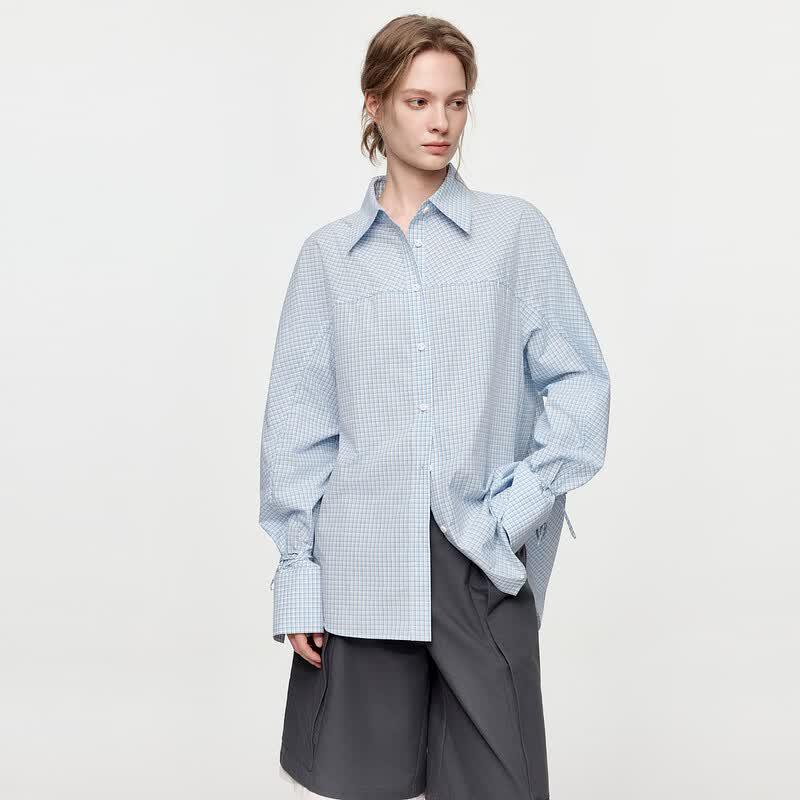 ELLE Women s Blue Plaid Drawstring Cotton Shirt S