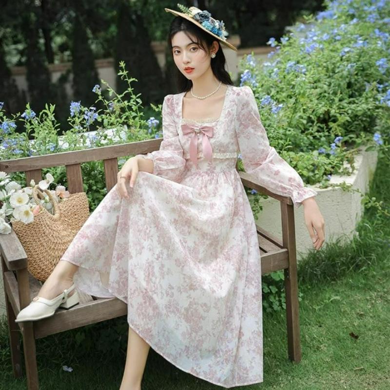 Sweet floral long-sleeved dress women s autumn high-end temperament long dress waist gentle wind skirt S